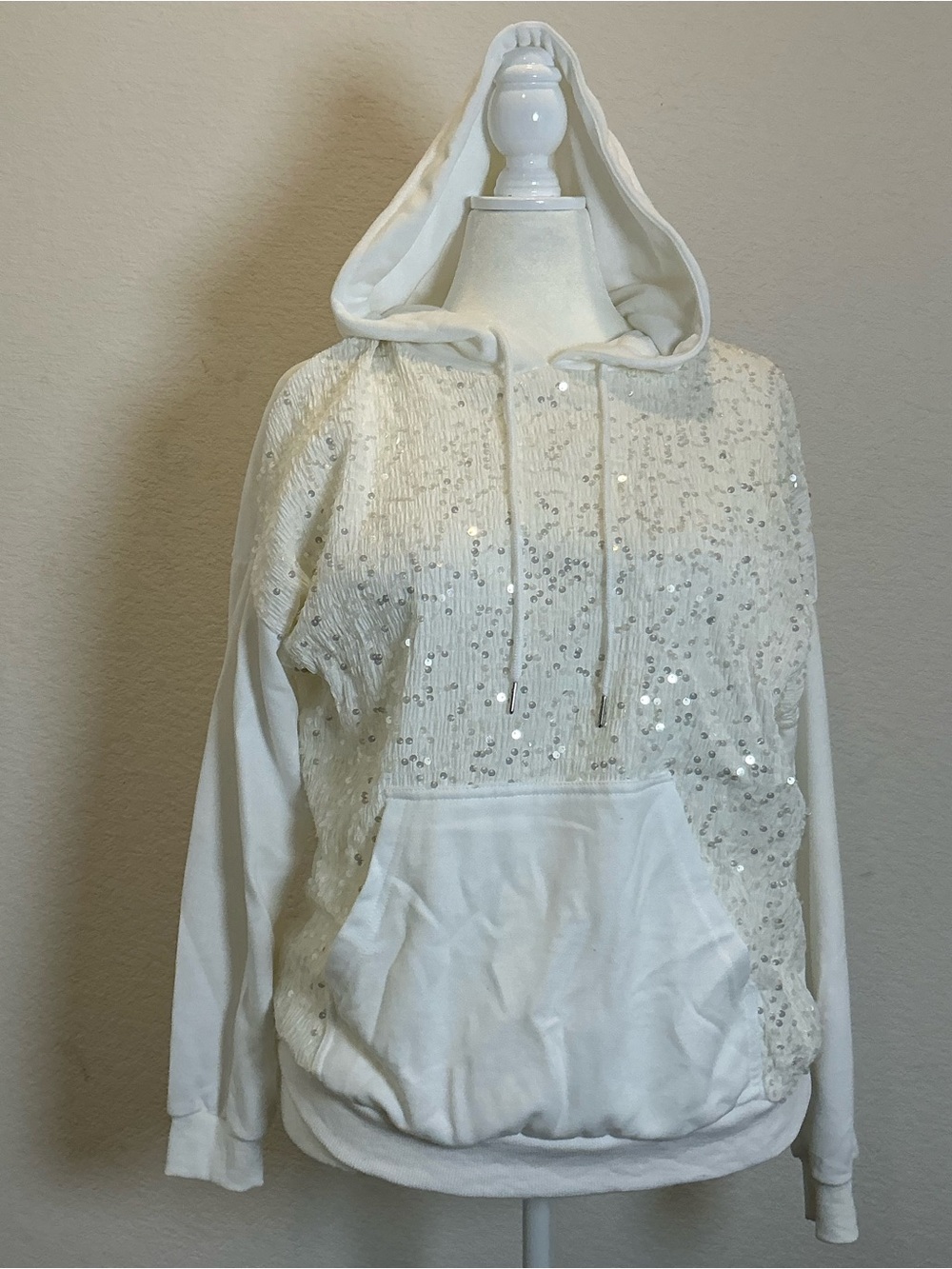 Anthropologie White Sequin Hooded Sweatshirt